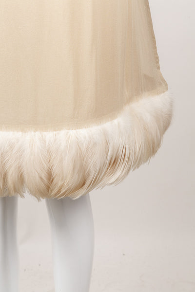 Beige Feather Trim Silk Skirt