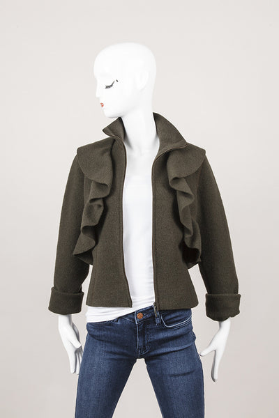 Dark Green Felted Wool Ruffle Trim Jacket