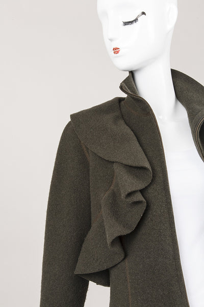 Dark Green Felted Wool Ruffle Trim Jacket