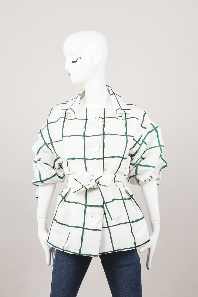 Green and White Watercolor Checked Pattern Belted Silk Jacket