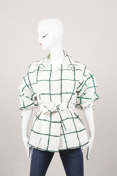 Green and White Watercolor Checked Pattern Belted Silk Jacket