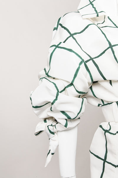 Green and White Watercolor Checked Pattern Belted Silk Jacket