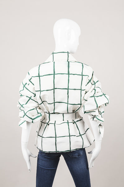 Green and White Watercolor Checked Pattern Belted Silk Jacket