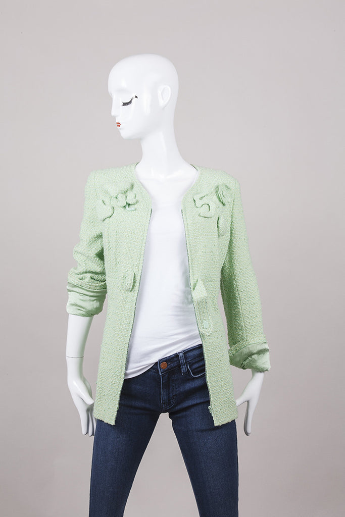 Green Flower and Heart Appliqué Tweed Jacket