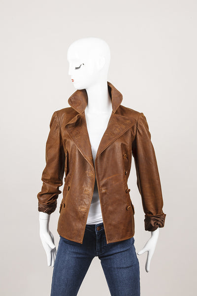 Brown Distressed Double Breasted Matte Leather Jacket