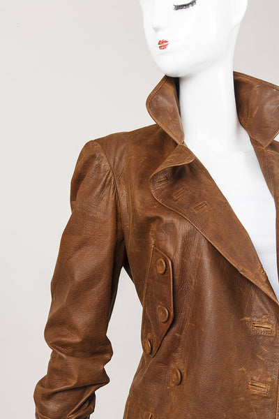 Brown Distressed Double Breasted Matte Leather Jacket