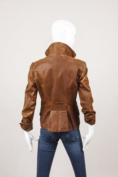 Brown Distressed Double Breasted Matte Leather Jacket