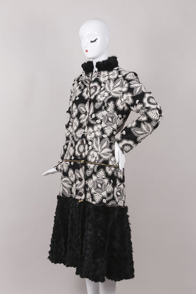 Black and Cream Wool Coat With Rabbit Fur Trim