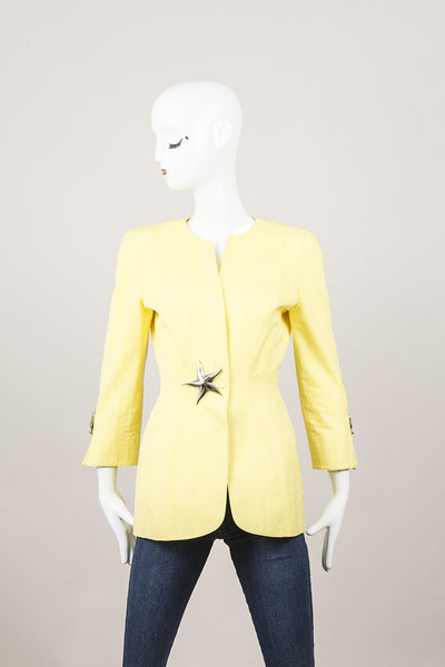 Yellow Cotton Blazer With Metal Embellishments