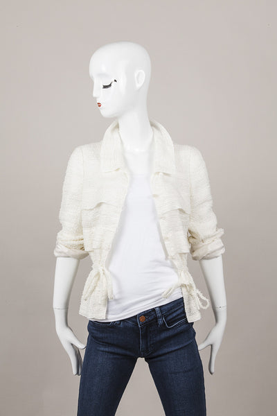 White Textured Short Fringe Cinched Waist Jacket