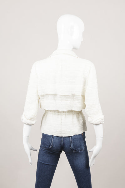 White Textured Short Fringe Cinched Waist Jacket