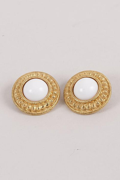 Circular Gold Toned Earrings With Opaque White Center Bead