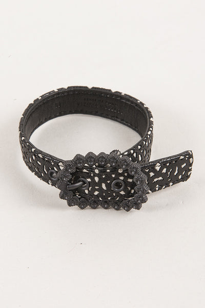 Black and White Laser Cut Leather Buckle Bracelet