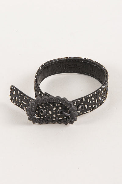 Black and White Laser Cut Leather Buckle Bracelet