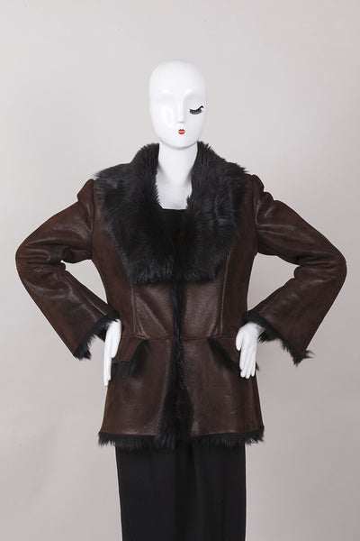 Brown and Black Leather Faux Fur Trim Jacket