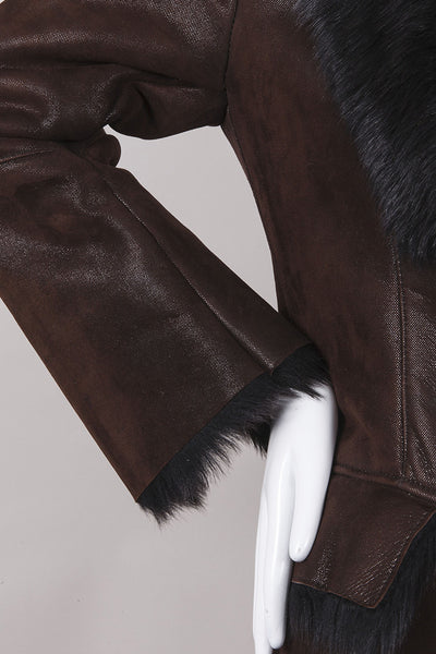 Brown and Black Leather Faux Fur Trim Jacket