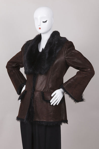 Brown and Black Leather Faux Fur Trim Jacket