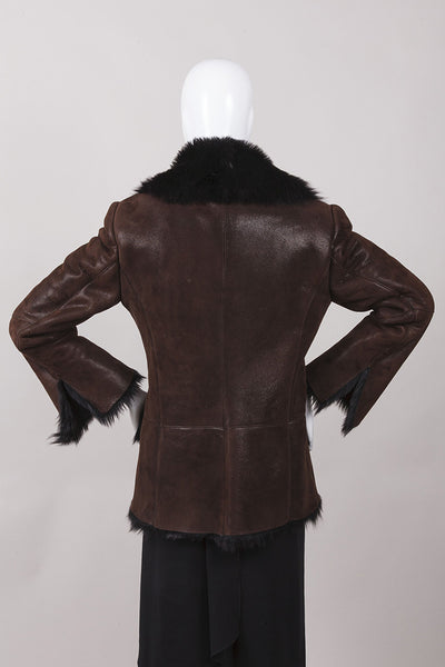 Brown and Black Leather Faux Fur Trim Jacket