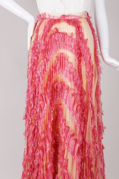 Peach and Pink Fringed Trim Pleated Maxi Skirt